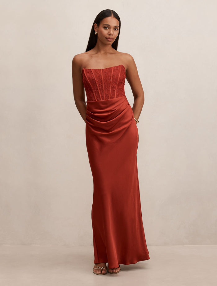 Ivy Lace Corset Drape Maxi Dress Rust Forever New