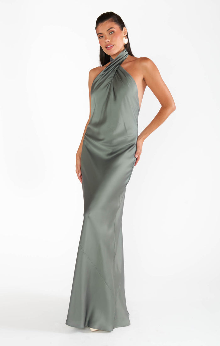 Jasmine Halter Maxi Dress ~ Deep Sage Luxe Satin
