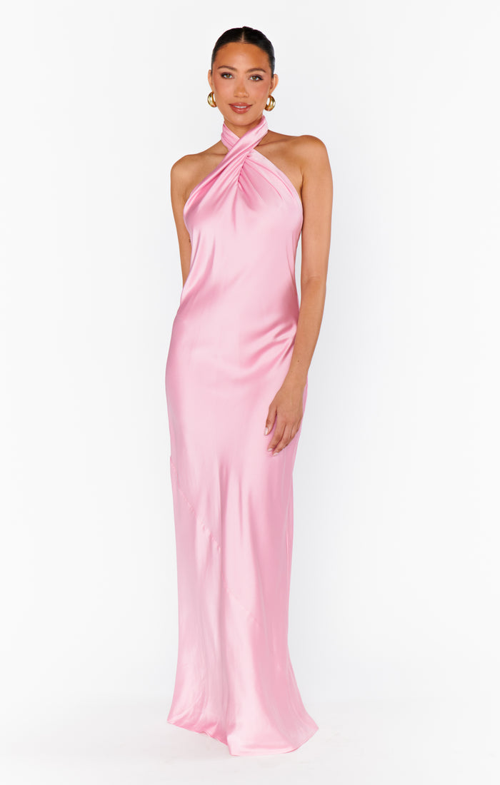 Jasmine Halter Maxi Dress ~ Light Pink Luxe Satin