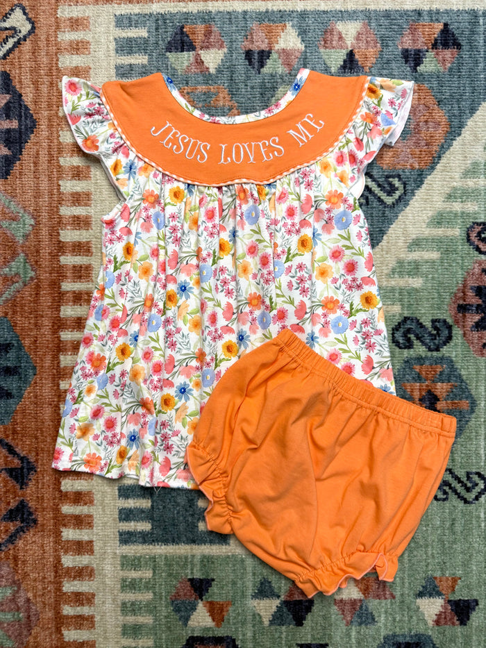 “Jesus Loves Me” Embroidered Floral Bloomer Set