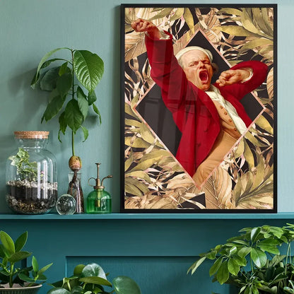 Joseph Ducreux Self Portrait Leaves Print, quirky altered art print black framed on a living room shelf