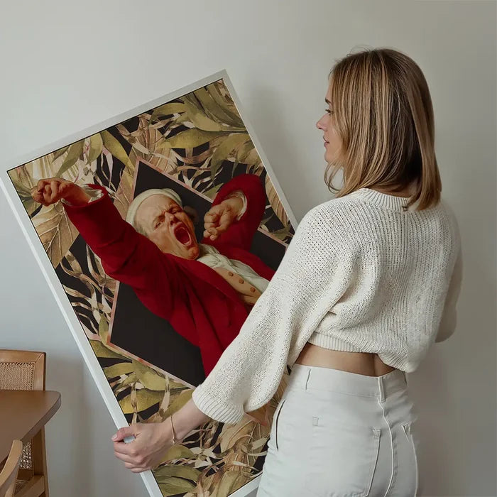 Joseph Ducreux Self Portrait Leaves Print held up against a living room wall