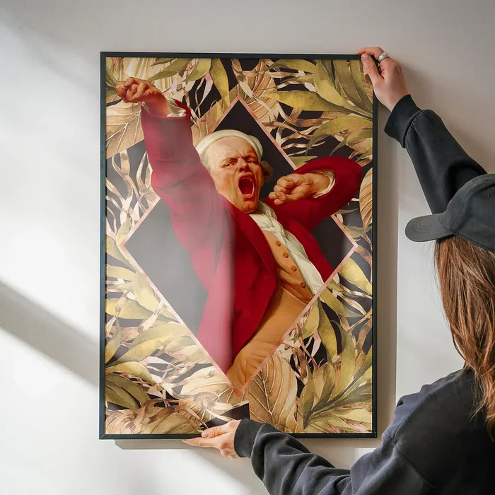 Joseph Ducreux Self Portrait Leaves Print being hung on a wall in a black frame