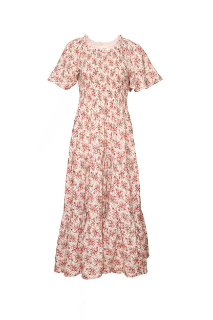 The Jovie Dress in Ivory Heritage Rose by Ivy City Co features a red floral print on a light background, short sleeves, and a ruffled hem—perfect for matching mom and me moments.