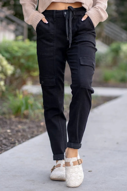 Judy Blue High Waist Cargo Cuffed Drawstring Denim Joggers in Black