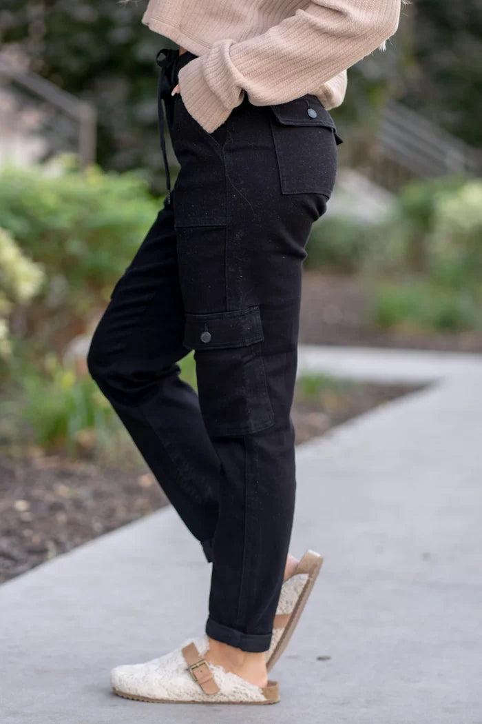 Judy Blue High Waist Cargo Cuffed Drawstring Denim Joggers in Black