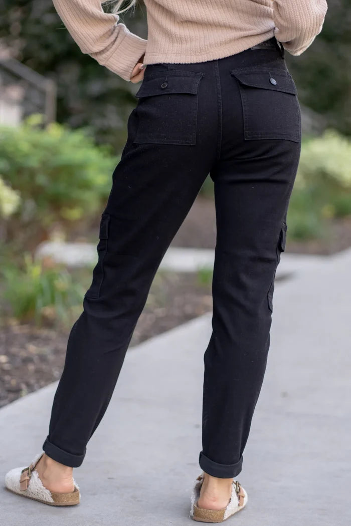 Judy Blue High Waist Cargo Cuffed Drawstring Denim Joggers in Black
