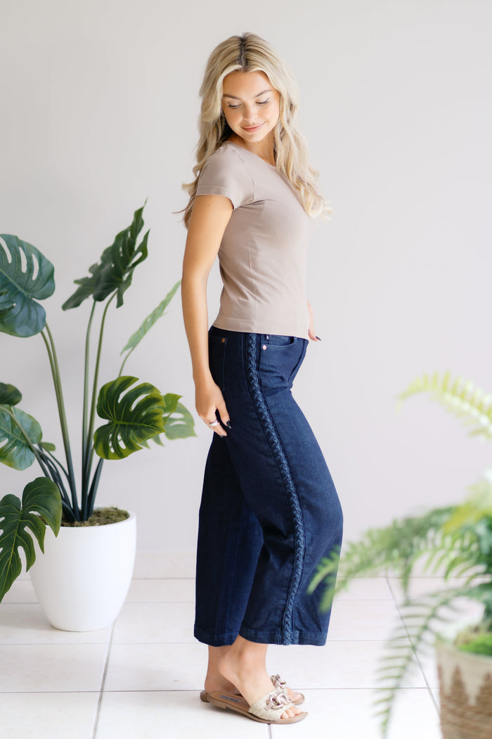 Judy Blue High Waist Desert Braid Weave Dark Wash Cropped Jeans
