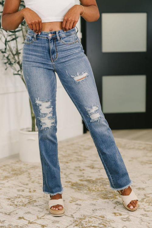 Judy Blue High Waist Distressed Bootcut Fray Hem Jeans