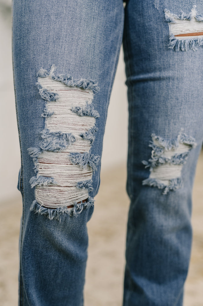 Judy Blue High Waist Distressed Bootcut Fray Hem Jeans