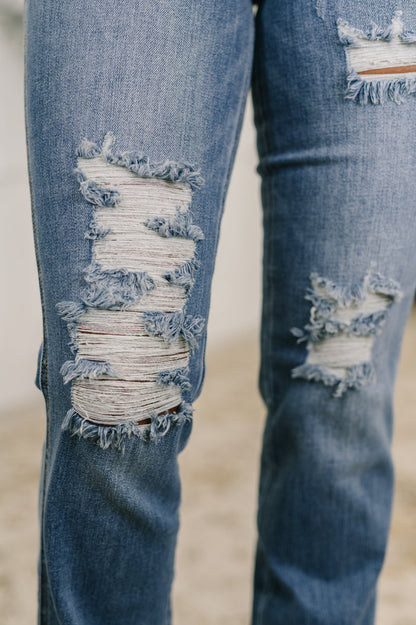 Judy Blue High Waist Distressed Bootcut Fray Hem Jeans