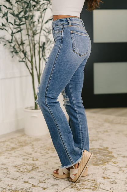 Judy Blue High Waist Distressed Bootcut Fray Hem Jeans