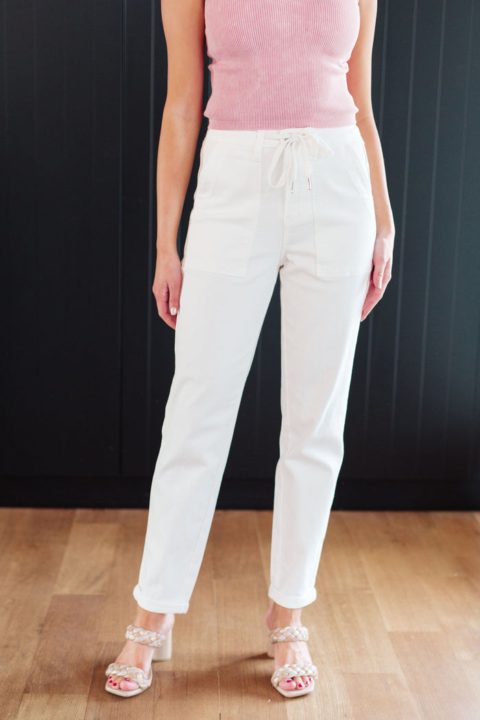 Judy Blue High Waist Drawstring Jogger Jeans in Ecru