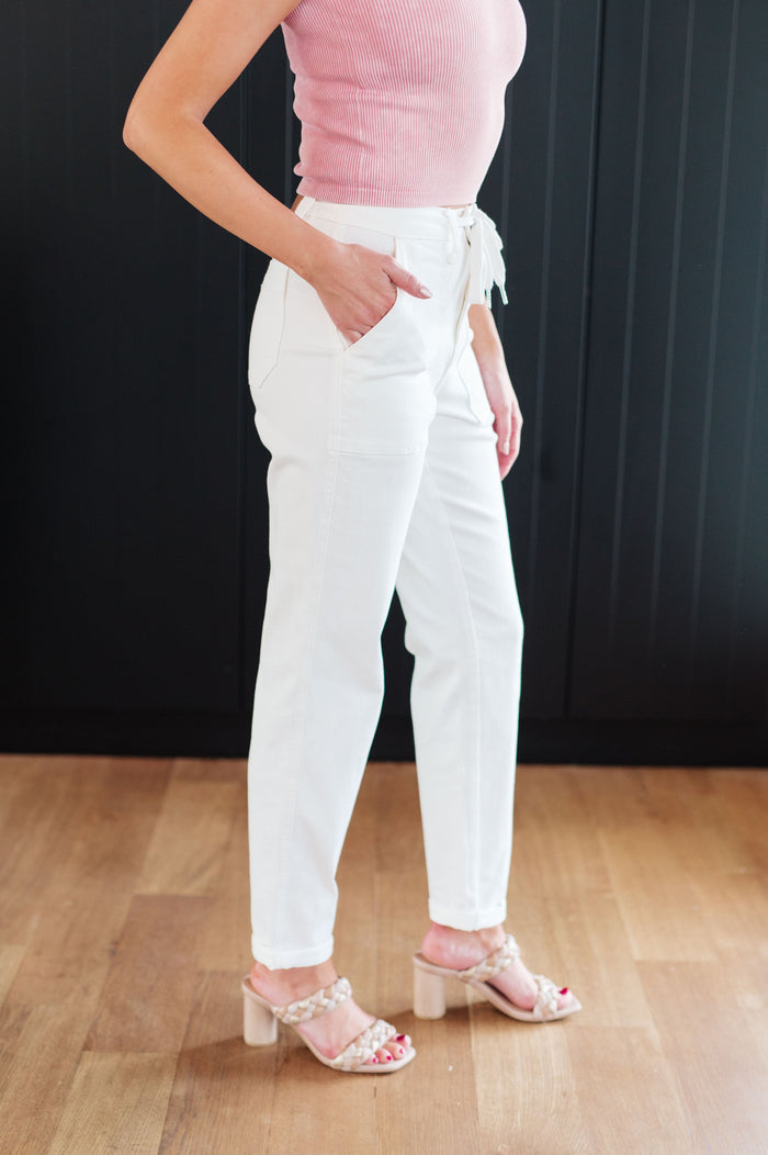 Judy Blue High Waist Drawstring Jogger Jeans in Ecru