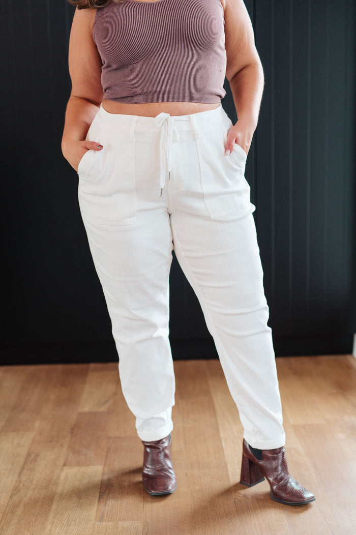 Judy Blue High Waist Drawstring Jogger Jeans in Ecru