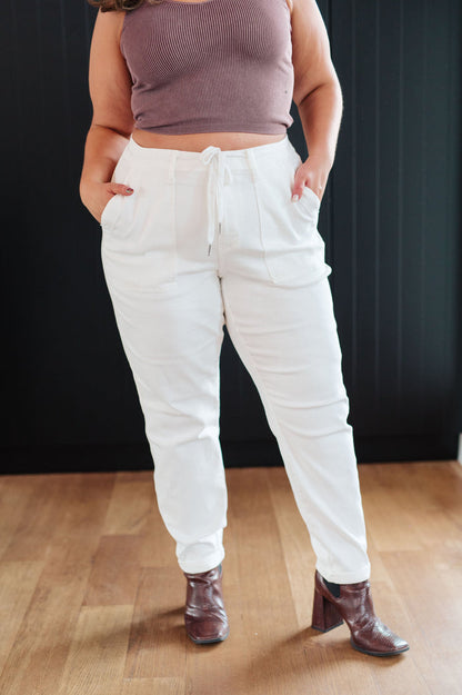 Judy Blue High Waist Drawstring Jogger Jeans in Ecru