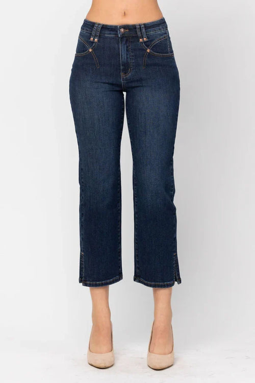 Judy Blue High Waist Straight Leg Cropped Jeans with side slits & Pocket Detail
