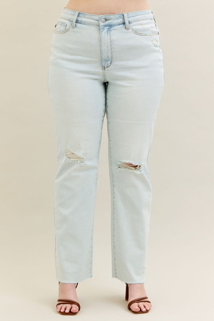 Judy Blue Mid Rise Destroy & Fray Hem Light Wash Bootcut