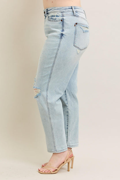 Judy Blue Mid Rise Repair Stitch Detail Destroy Single Cuff Boyfriend Jeans