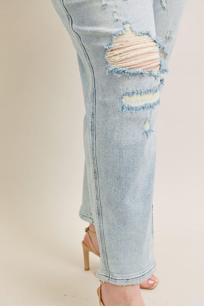Judy Blue Mid Rise Repair Stitch Detail Destroy Single Cuff Boyfriend Jeans