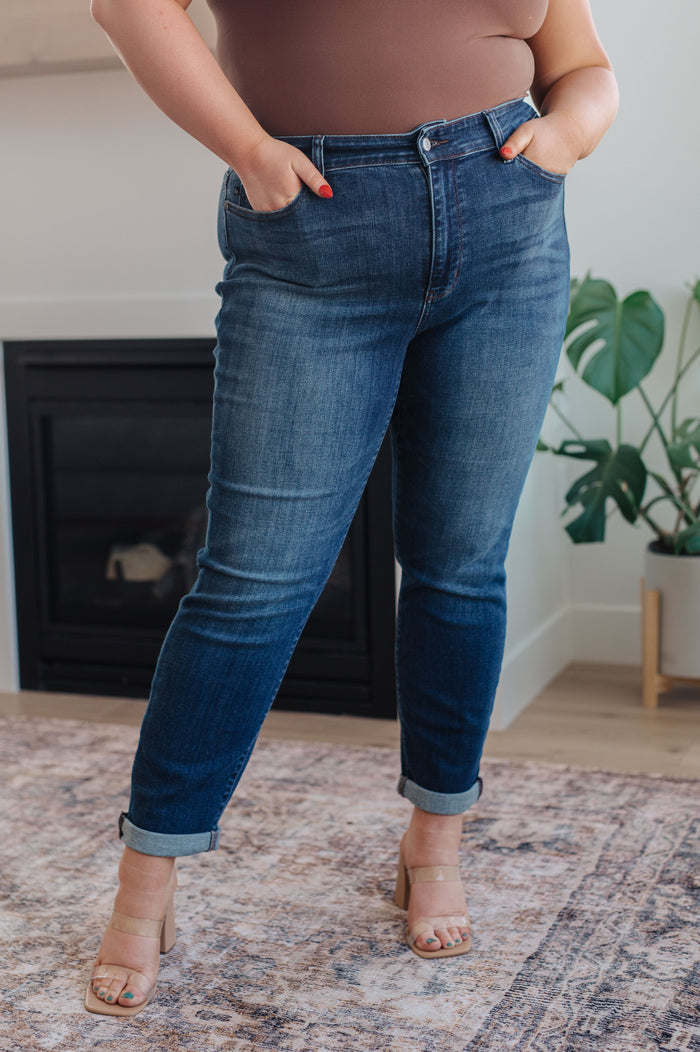 Judy Blue Mid Rise Slim Fit Dark Wash Cuffed Jeans