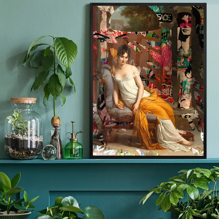 Juliette Recamier Graffiti Portrait, quirky altered art print black framed on a living room shelf
