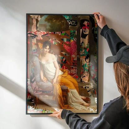 Juliette Recamier Graffiti Portrait print being hung on a wall in a black frame