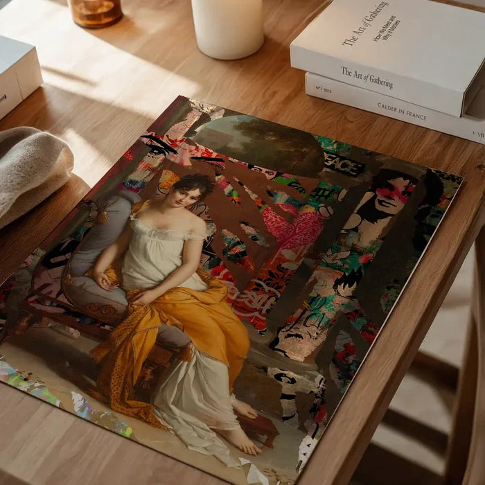 Juliette Recamier Graffiti Portrait, quirky altered art print unframed on a home office desk