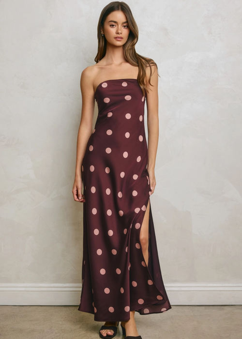 Kelsie Strapless Polka Dot Maxi Dress - Plum & Blush