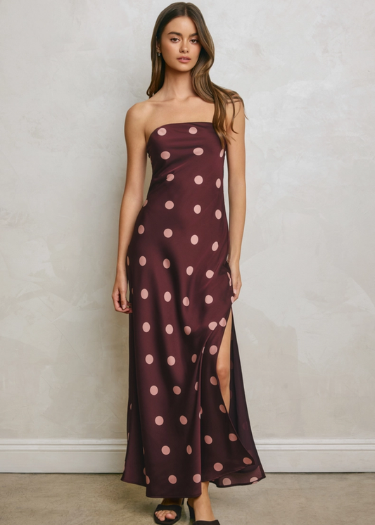 Kelsie Strapless Polka Dot Maxi Dress - Plum & Blush