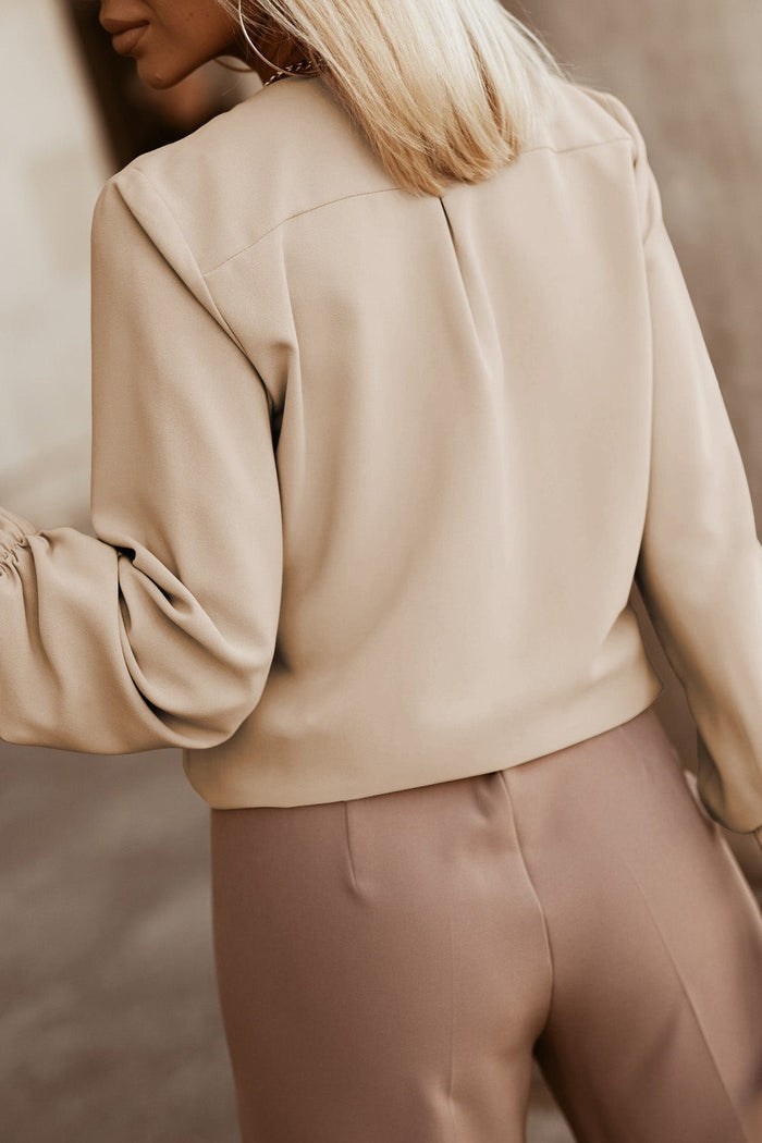 Khaki Crew Neck Gathered Stretch Cuff Shirt - Tops/Blouses & Shirts