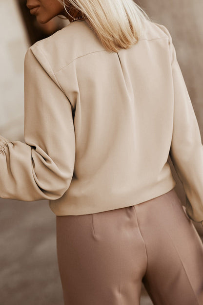 Khaki Crew Neck Gathered Stretch Cuff Shirt - Tops/Blouses & Shirts