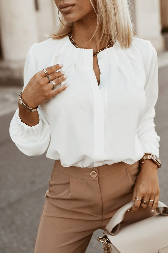 Khaki Crew Neck Gathered Stretch Cuff Shirt - Tops/Blouses & Shirts