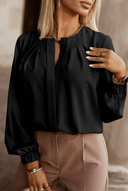 Khaki Crew Neck Gathered Stretch Cuff Shirt - BLACK / （US 0-2)XS / 100% POLYESTER - Tops/Blouses & Shirts