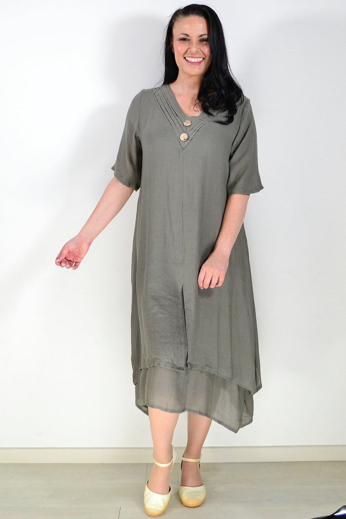 Khaki green summer tunic dress by La Mode, lightweight fabric, short sleeves, and relaxed fit, perfect for warm weather.