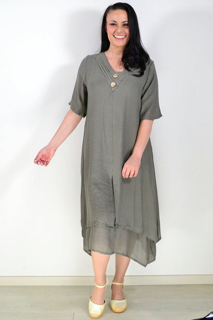 Khaki green summer tunic dress by La Mode, lightweight fabric, short sleeves, and relaxed fit, perfect for warm weather.