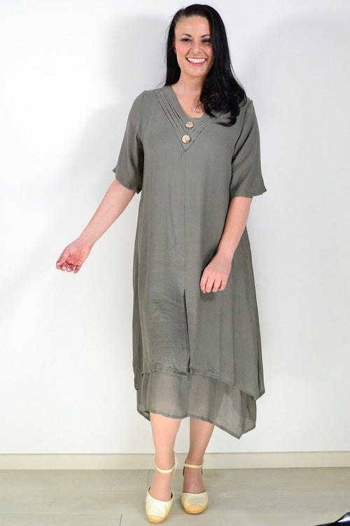 Khaki green summer tunic dress by La Mode, lightweight fabric, short sleeves, and relaxed fit, perfect for warm weather.