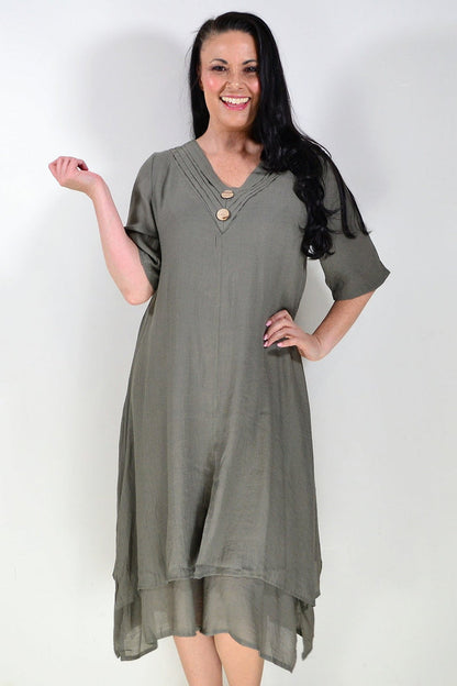 Khaki green summer tunic dress by La Mode, featuring lightweight fabric, relaxed fit, and short sleeves, perfect for warm weather.