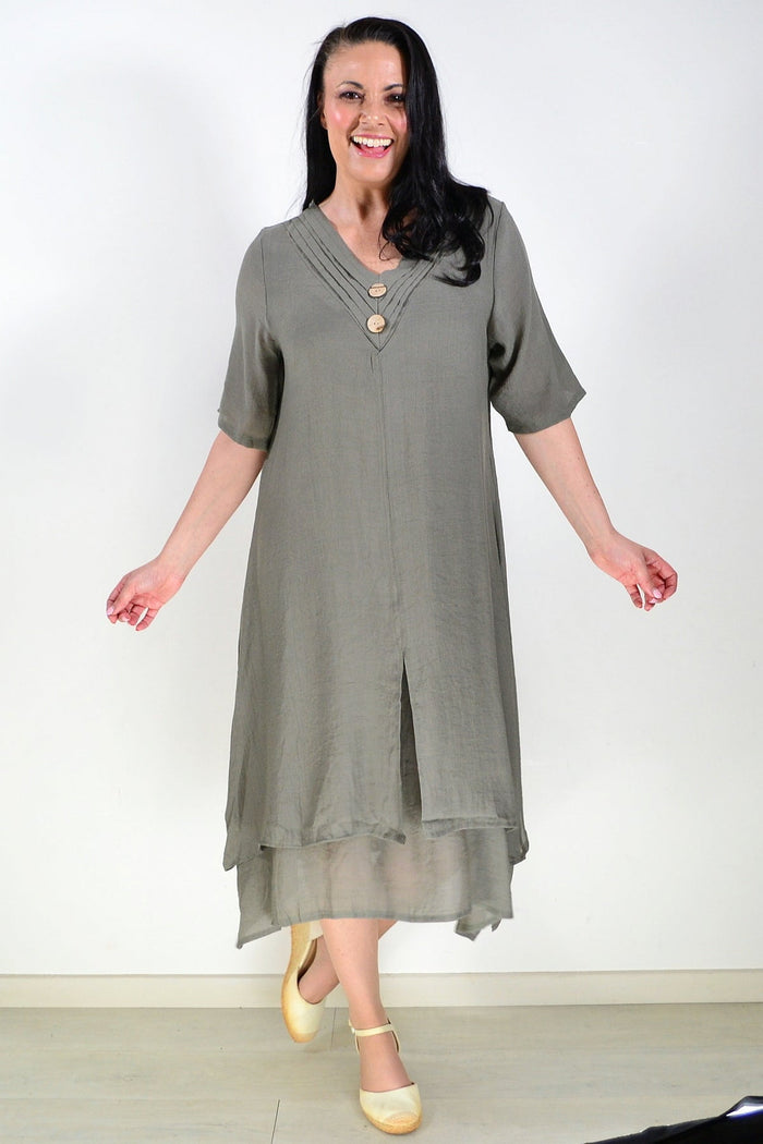 Khaki green La Mode summer tunic dress with short sleeves and a relaxed fit, displayed on a hanger.
