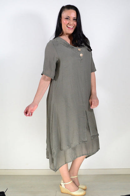 Khaki green summer tunic dress by La Mode, lightweight and casual with short sleeves and a relaxed fit, displayed on a hanger.
