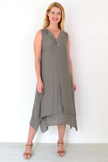 Khaki sleeveless coconut button tunic dress by La Mode, featuring a relaxed fit and stylish design, displayed on a hanger.