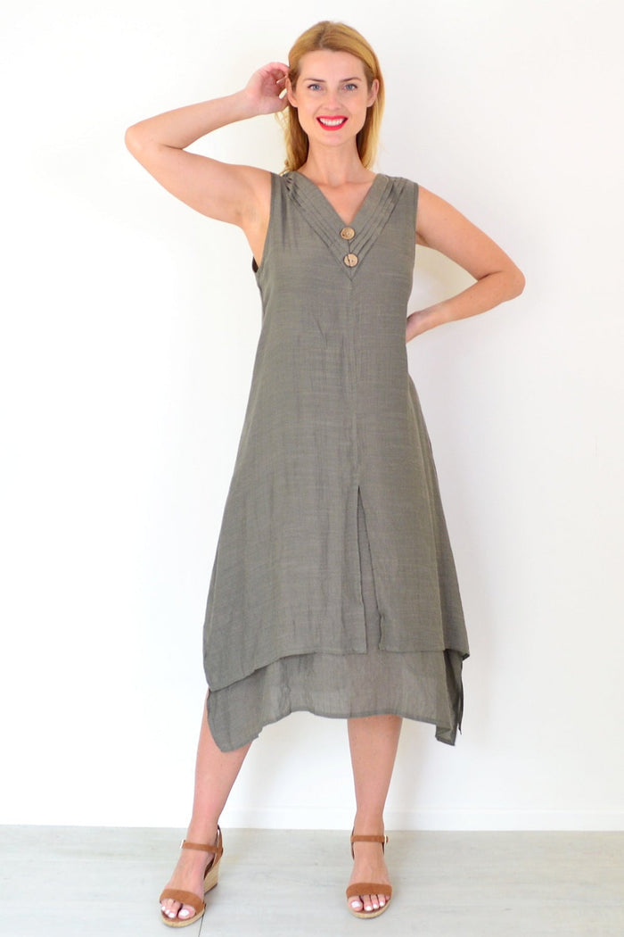 Khaki sleeveless coconut button tunic dress by La Mode, featuring a relaxed fit, sleeveless design, and coconut button details.