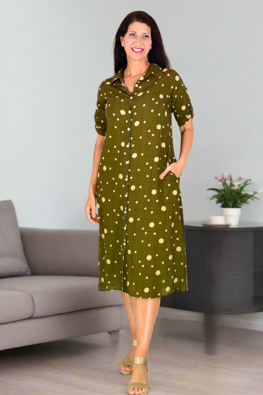 Khaki spotted long tunic shirt from La Mode, featuring a relaxed fit and stylish pattern, ideal for casual wear.