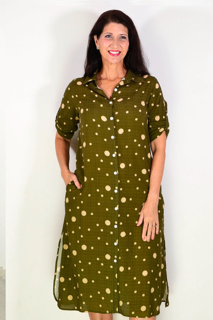 Khaki spotted long tunic shirt by La Mode, featuring a relaxed fit, long sleeves, and a stylish spotted pattern.