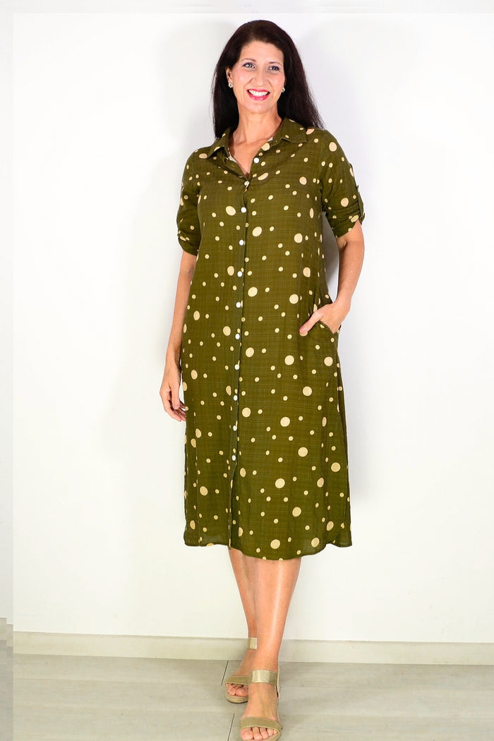 Khaki spotted long tunic shirt from La Mode featuring a relaxed fit and stylish design, suitable for casual wear.