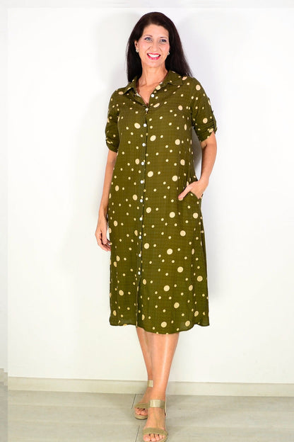Khaki spotted long tunic shirt from La Mode featuring a relaxed fit and stylish design, suitable for casual wear.