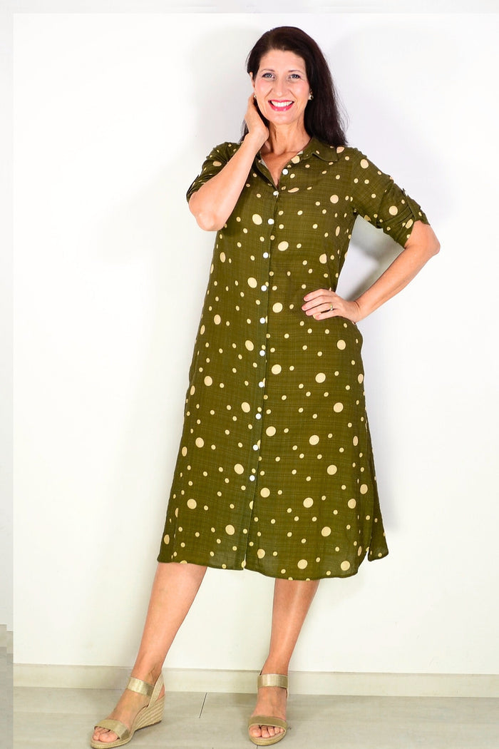 Khaki spotted long tunic shirt from La Mode, lightweight and stylish, with a relaxed fit and button-down front.