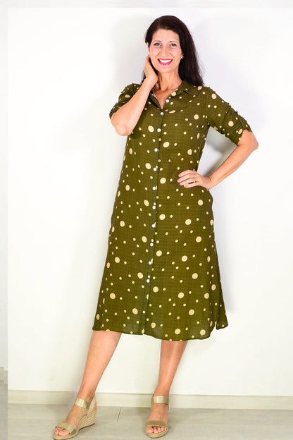 Khaki spotted long tunic shirt from La Mode, lightweight and stylish, with a relaxed fit and button-down front.