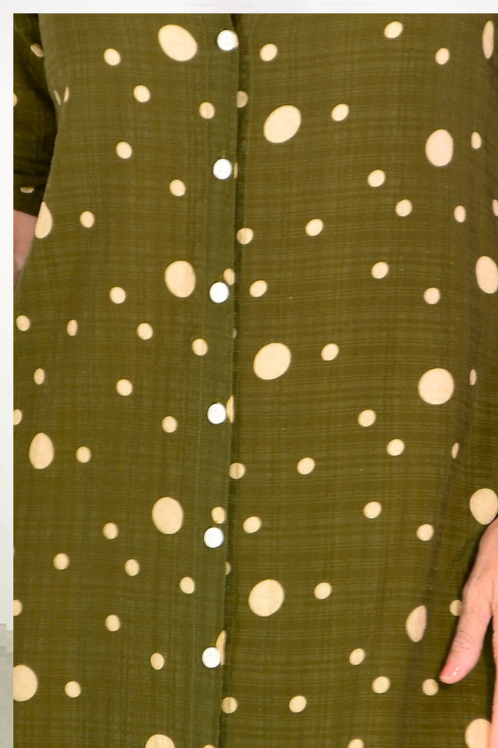 Khaki spotted long tunic shirt by La Mode, featuring a relaxed fit and button-down front, styled with side slits and long sleeves.