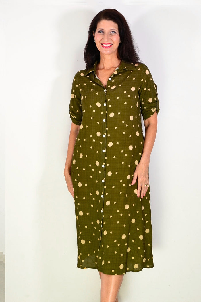 Khaki spotted long tunic shirt from La Mode, featuring a relaxed fit and stylish design, perfect for casual and chic looks.